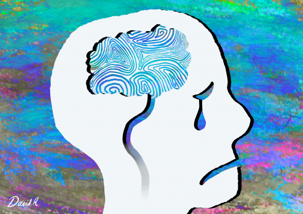 Illustration of a sad face with brain showing.