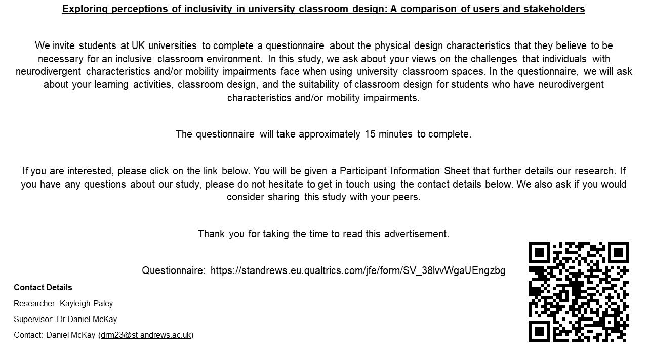 Exploring perceptions of inclusivity in university classroom design: A comparison of users and stakeholders

We invite students at UK universities to complete a questionnaire about the physical design characteristics that they believe to be necessary for inclusive classroom environment 