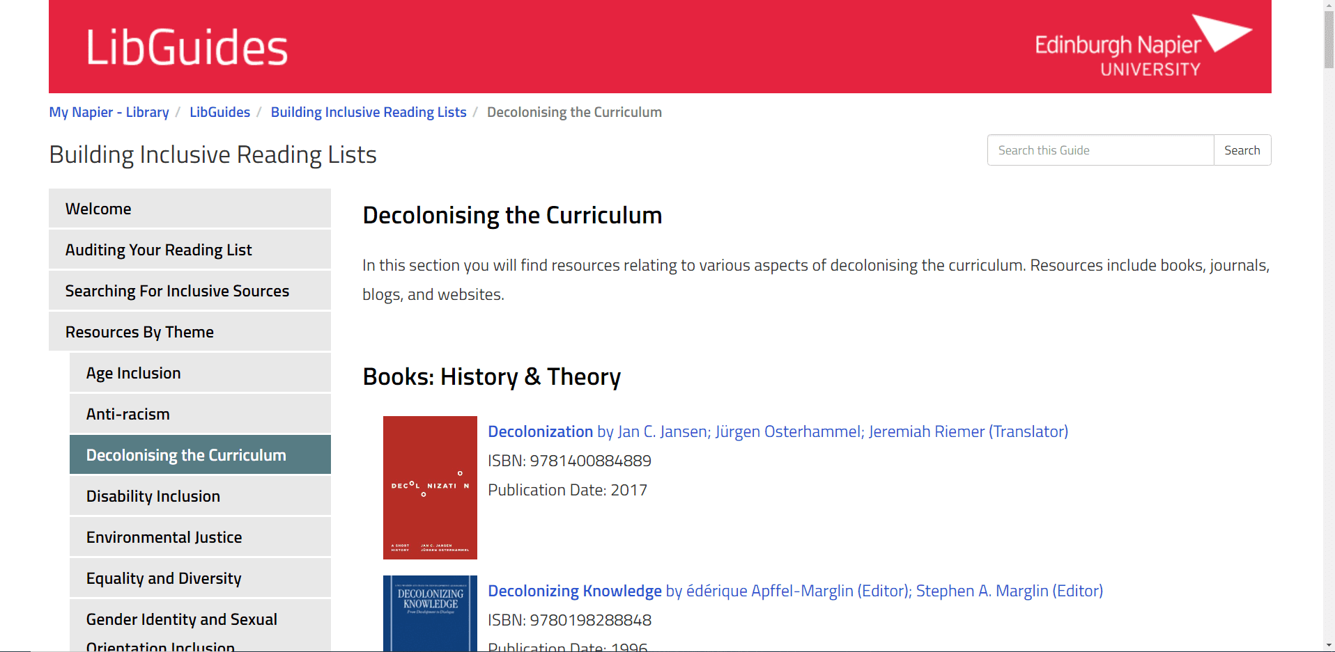 Edinburgh Napier Lib Guide webpage showing resources relating to decolonising the curriculum. Links down the left list other inclusion topics which have Lib Guides, and Lib Guides with recommendations for diverse reading for various subject areas.