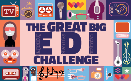 The Great Big EDI Challenge. There are illustrations of creative and media equipment such as musical instruments, cassette tapes and televisions, cameras, headphones and people communicating.