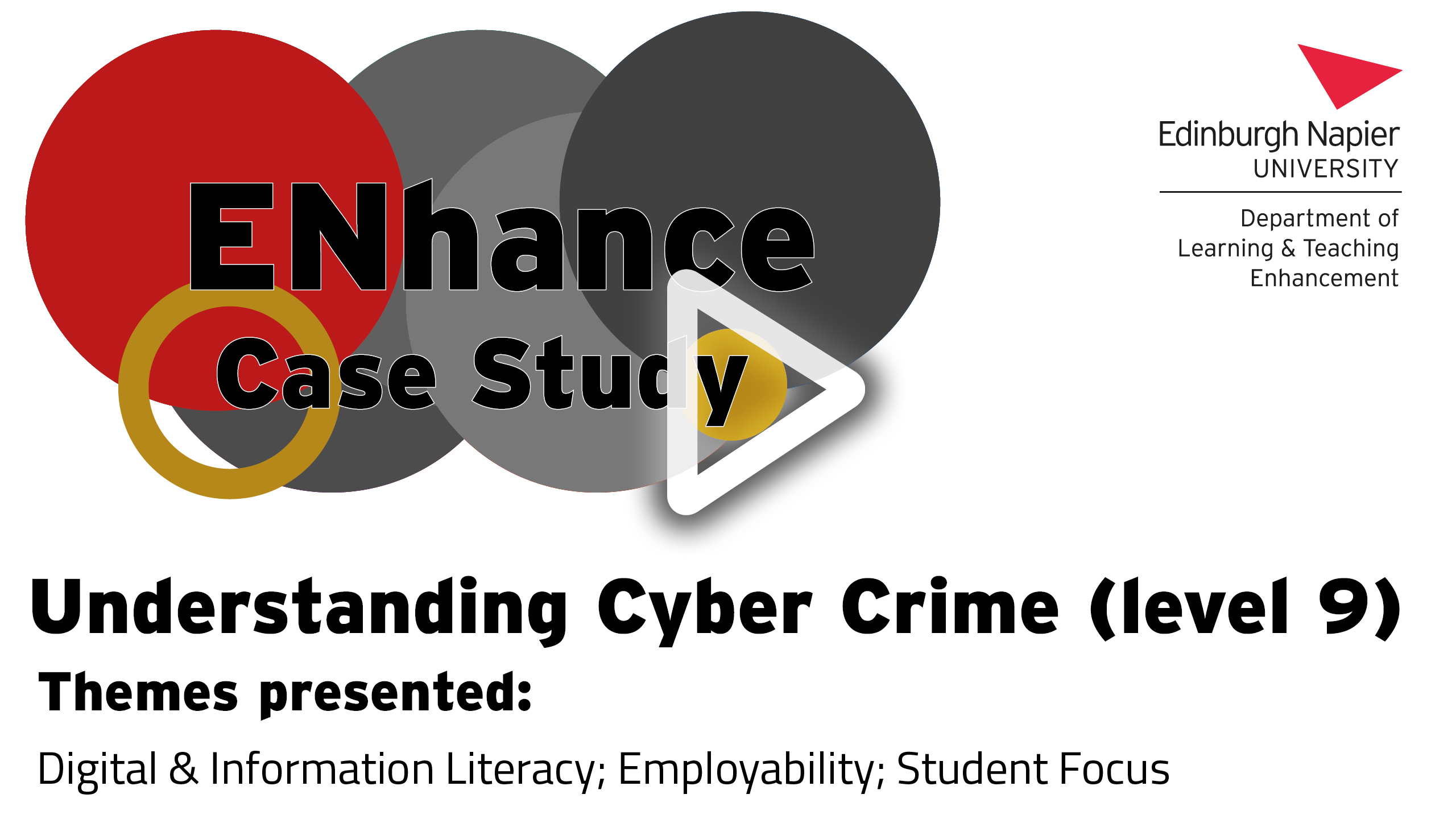 ENhance Case Study. Understanding Cyber Crime (level 9). Themes presented: Digital & Information Literacy; Employability; Student Focus. There is a play button as this is a link to the page where this video is.