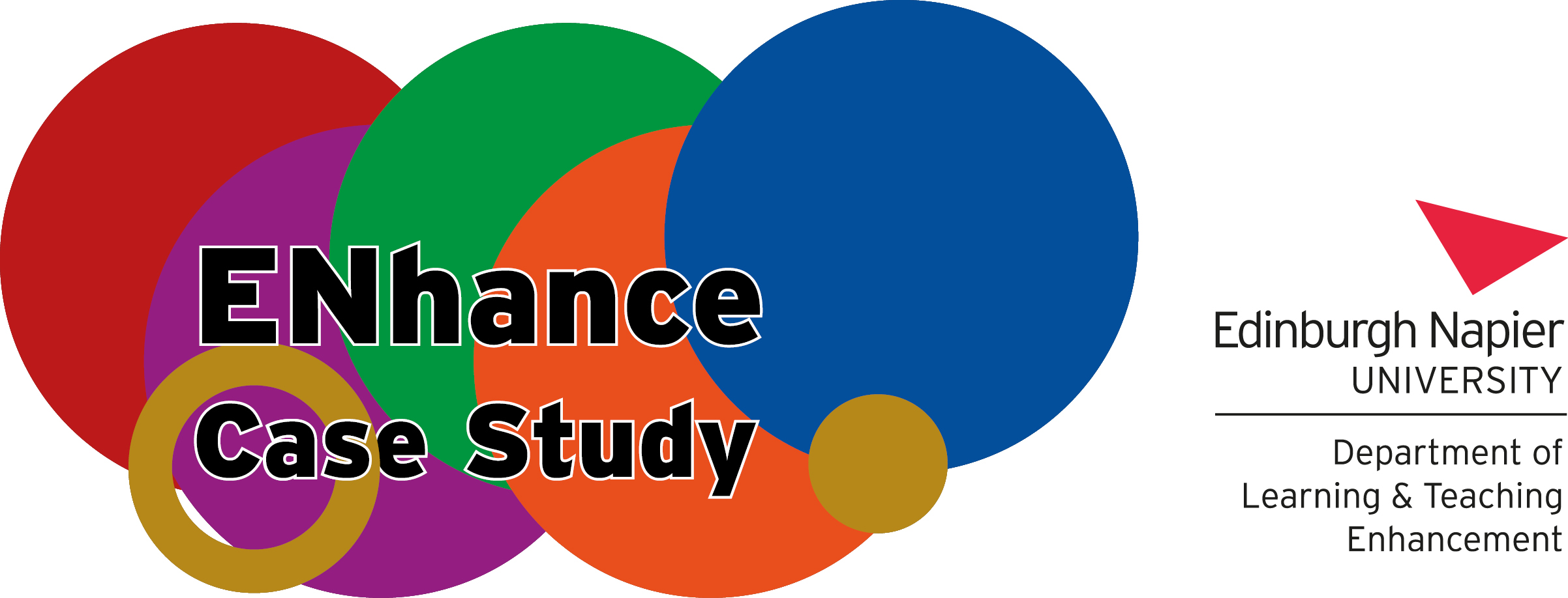 ENhance Case Study header. Coloured circles representing the colours of the ENhance themes, a gold circle for Student Focus and a gold ring for the cross-cutting themes. 