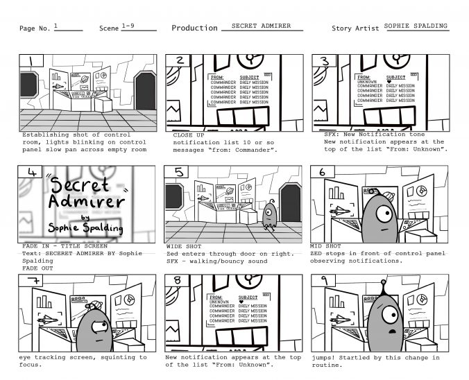 A sample of storyboards, showing the first section of the animaton