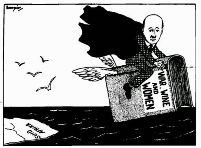 A cartoon of H.P. Lamont, a bald man in a suit with a cape, flying away from South Africa on a winged copy of his book, War, Wine and Women (1931).