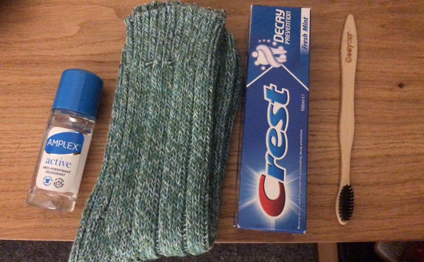 Socks, hand gel and toothpaste