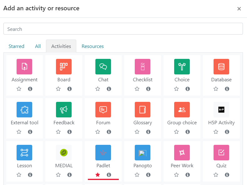 Padlet activity button displayed in Moodle