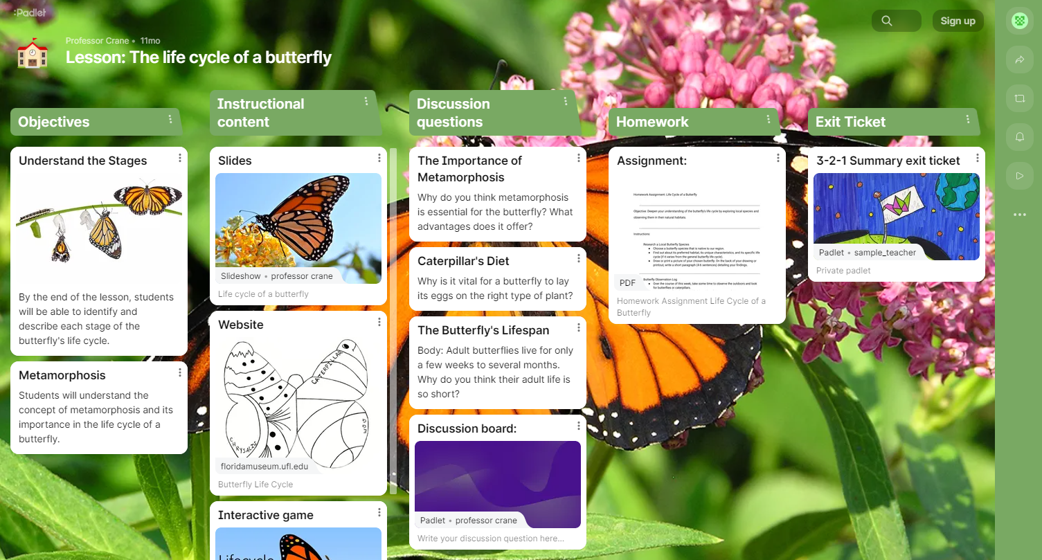 An example padlet board describing the life cycle of a butterfly linking to activities for students to follow.