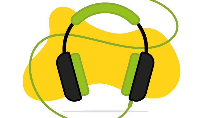 Drawing of a pair of green and black headphones with a yellow background