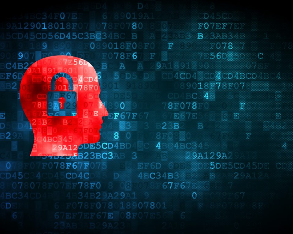 Image of a human head with a lock inside surrounded by cyber data