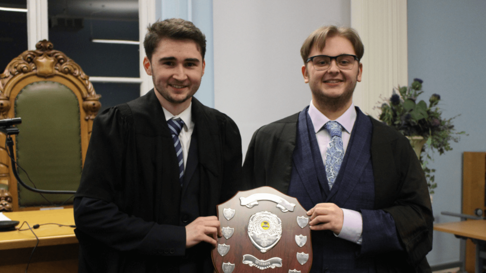 Picture showing Napier Law students Lewis and Michael winning the Lord Jones Mooting competition 2023