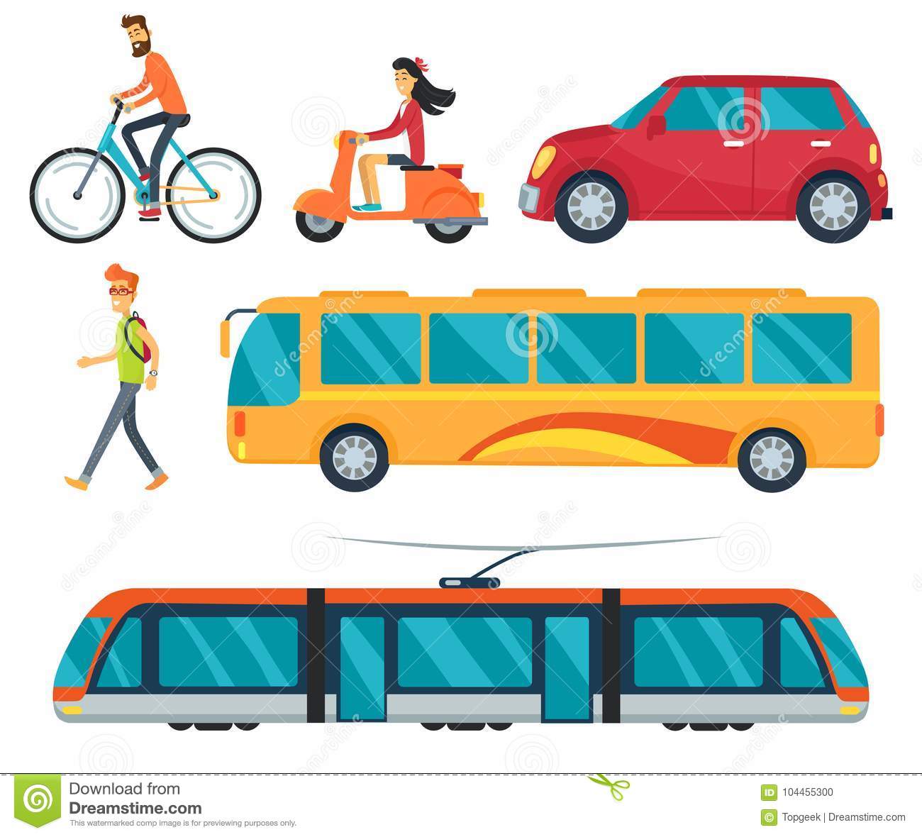 different-types-transport-vector-illustration-icons-walking-boy-cycling-man-car-bus-train-woman-moped-isolated-white-104455300